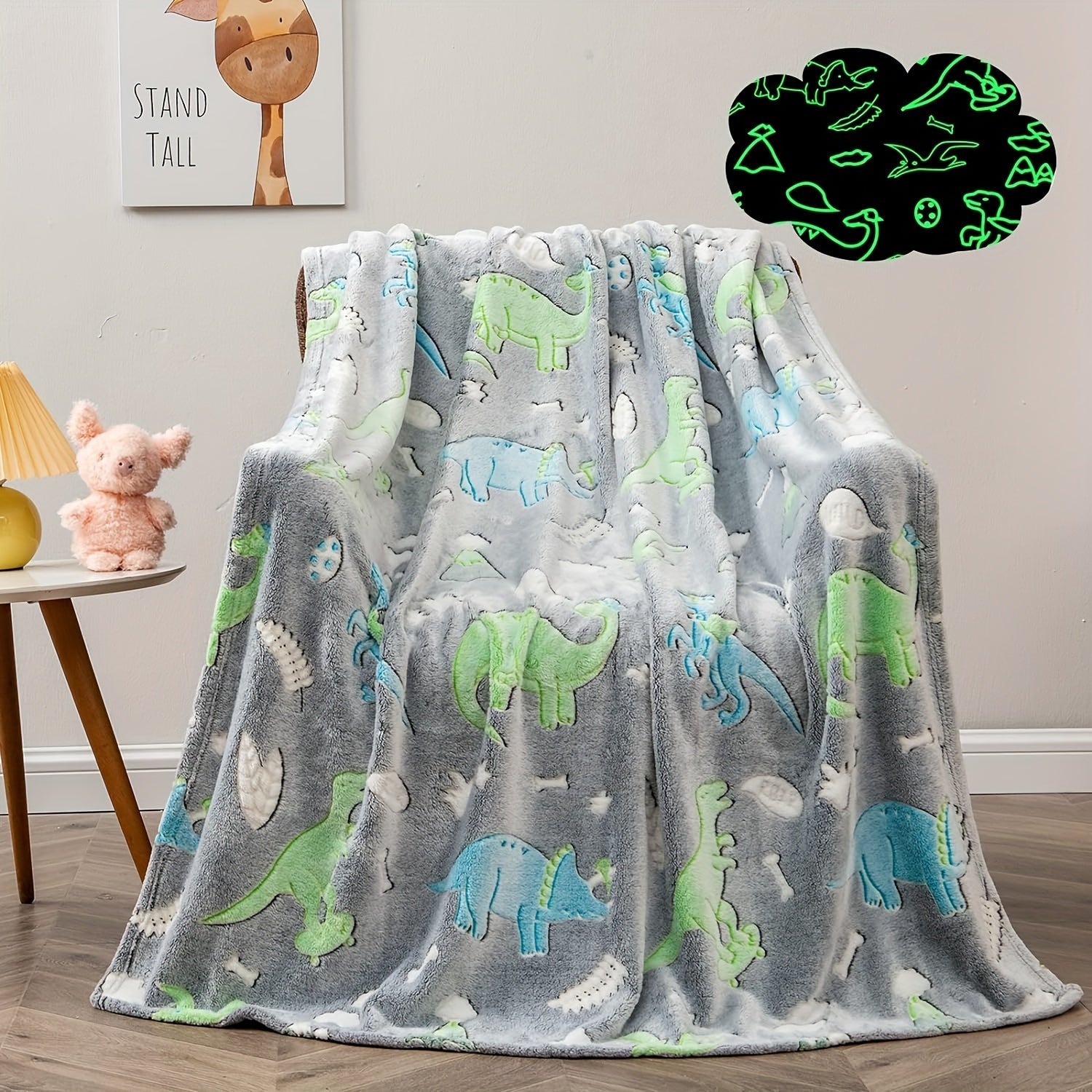 Glow-in-the-Dark Dinosaur Blanket Luminous Plush Fleece Throw for Couch Bed