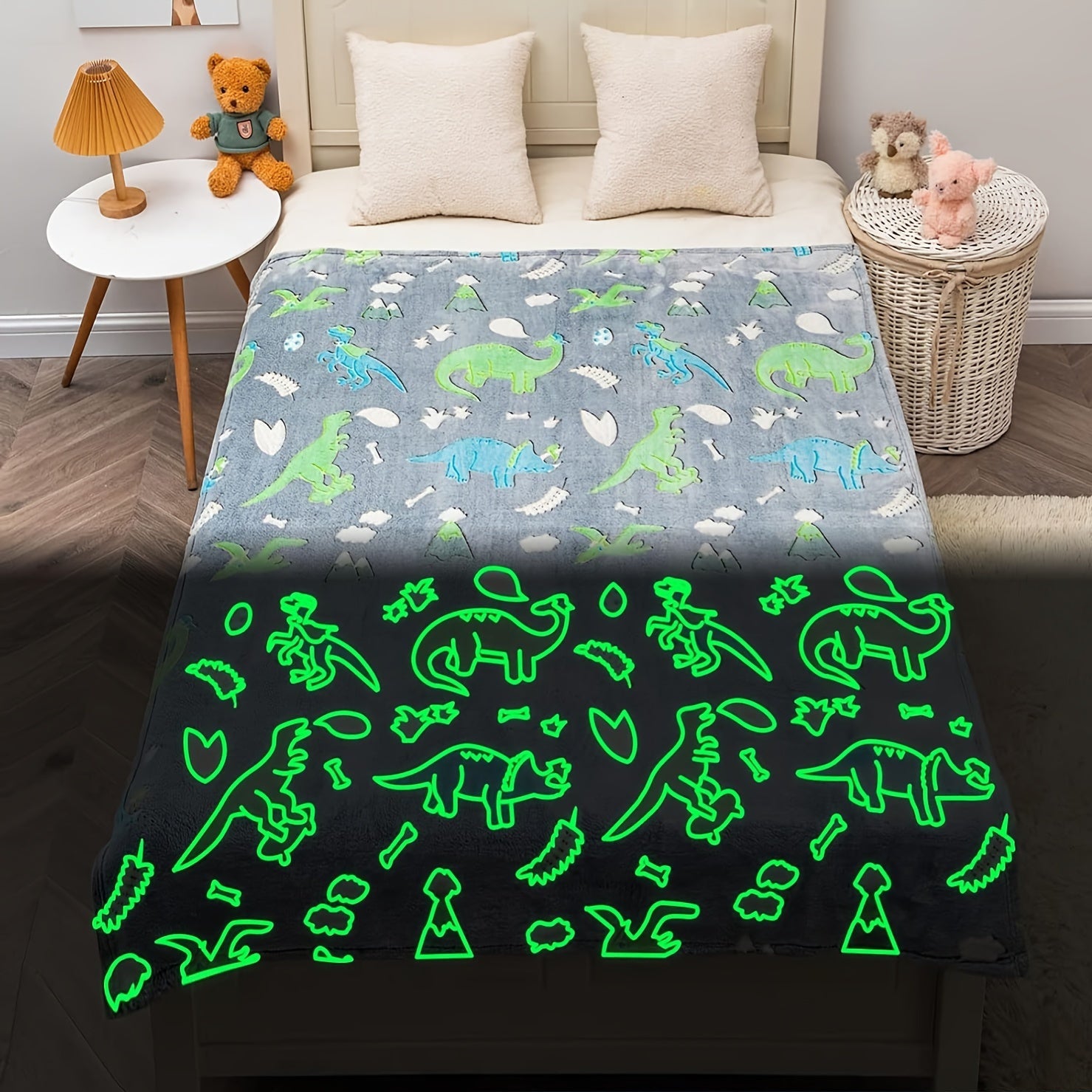 Glow-in-the-Dark Dinosaur Blanket Luminous Plush Fleece Throw for Couch Bed