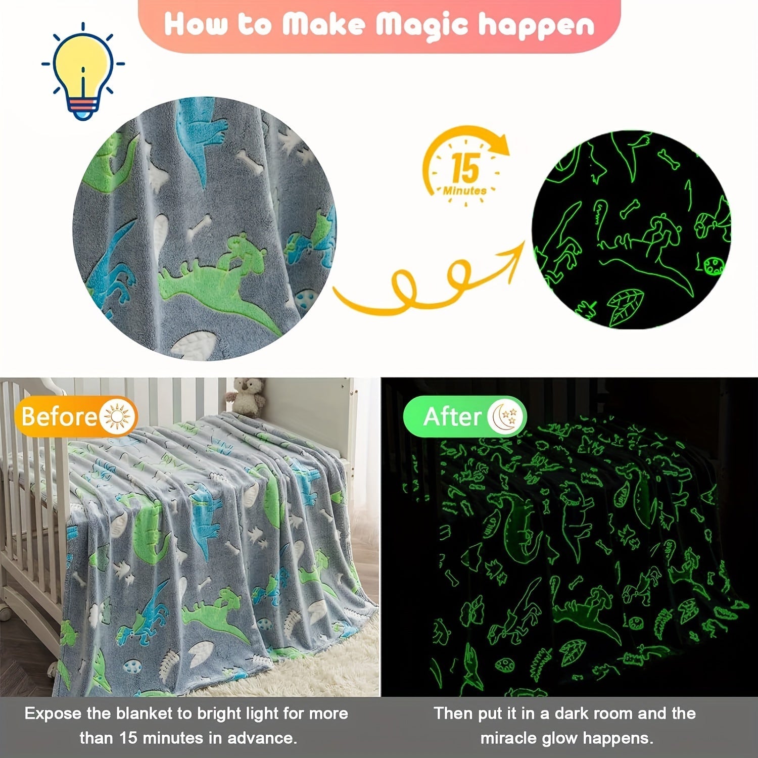 Glow-in-the-Dark Dinosaur Blanket Luminous Plush Fleece Throw for Couch Bed