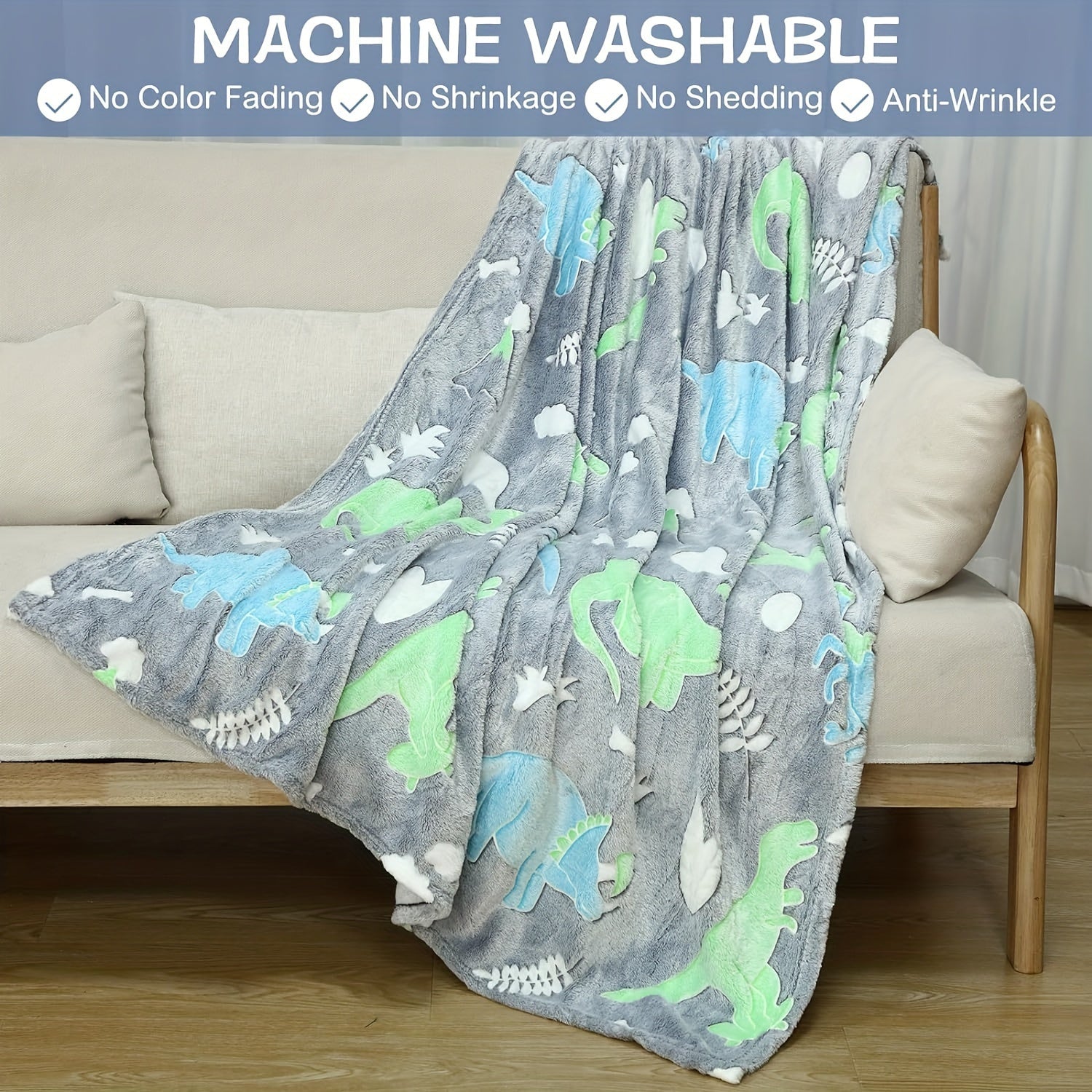 Glow-in-the-Dark Dinosaur Blanket Luminous Plush Fleece Throw for Couch Bed