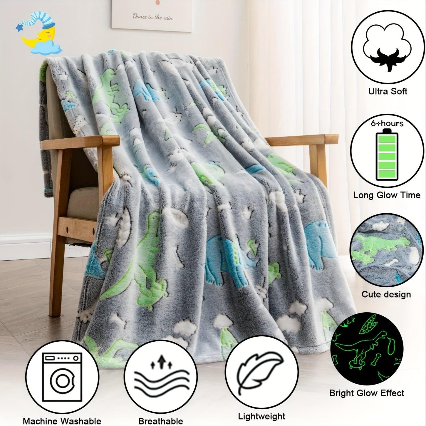 Glow-in-the-Dark Dinosaur Blanket Luminous Plush Fleece Throw for Couch Bed
