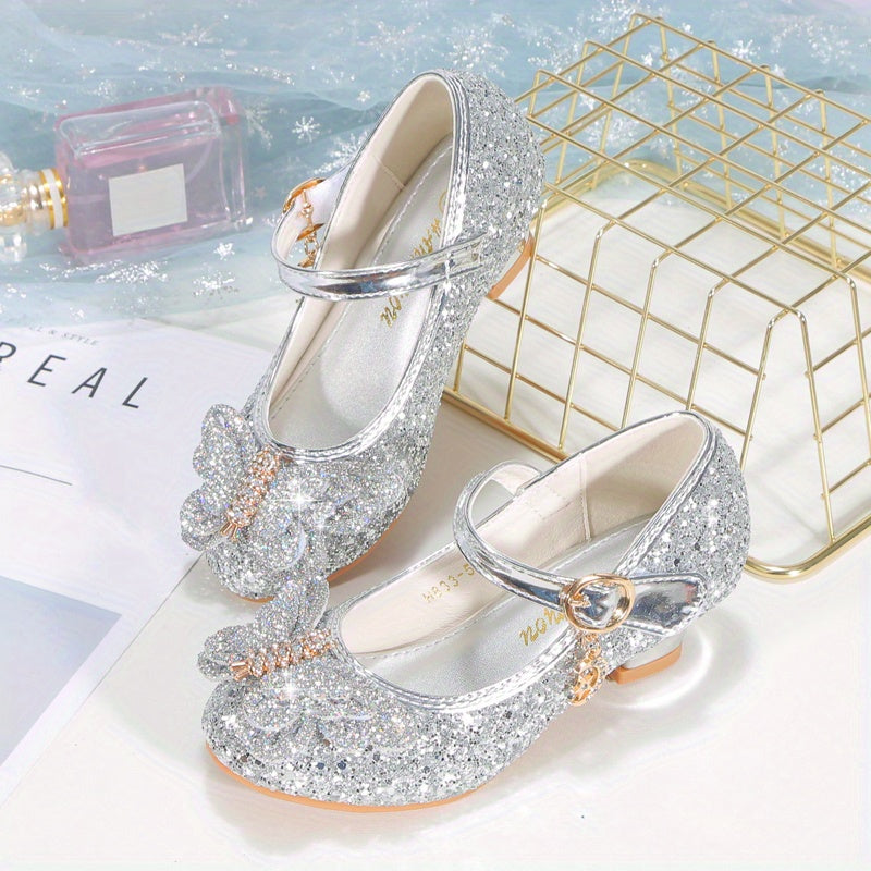 Girls High Heels Pink Rhinestone Bowknot Formal Shoes for Weddings and Events