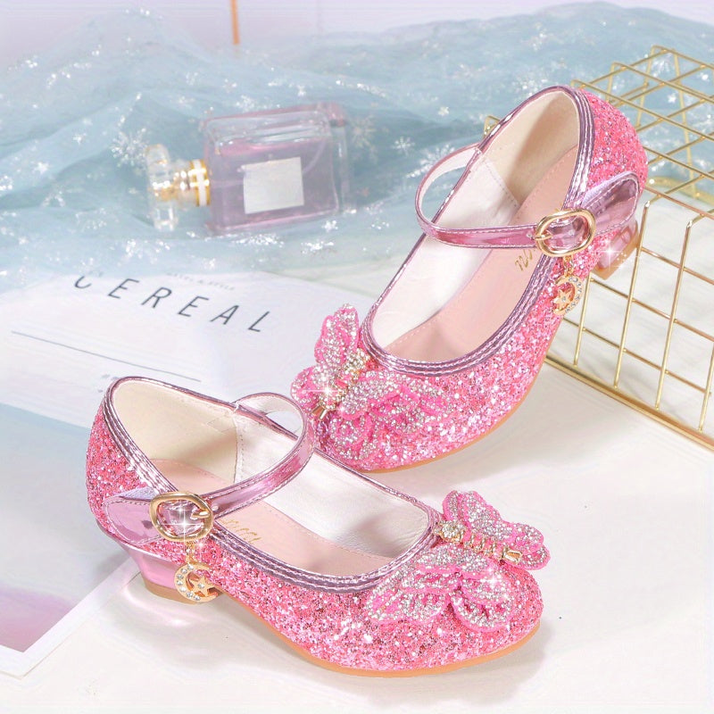 Girls High Heels Pink Rhinestone Bowknot Formal Shoes for Weddings and Events