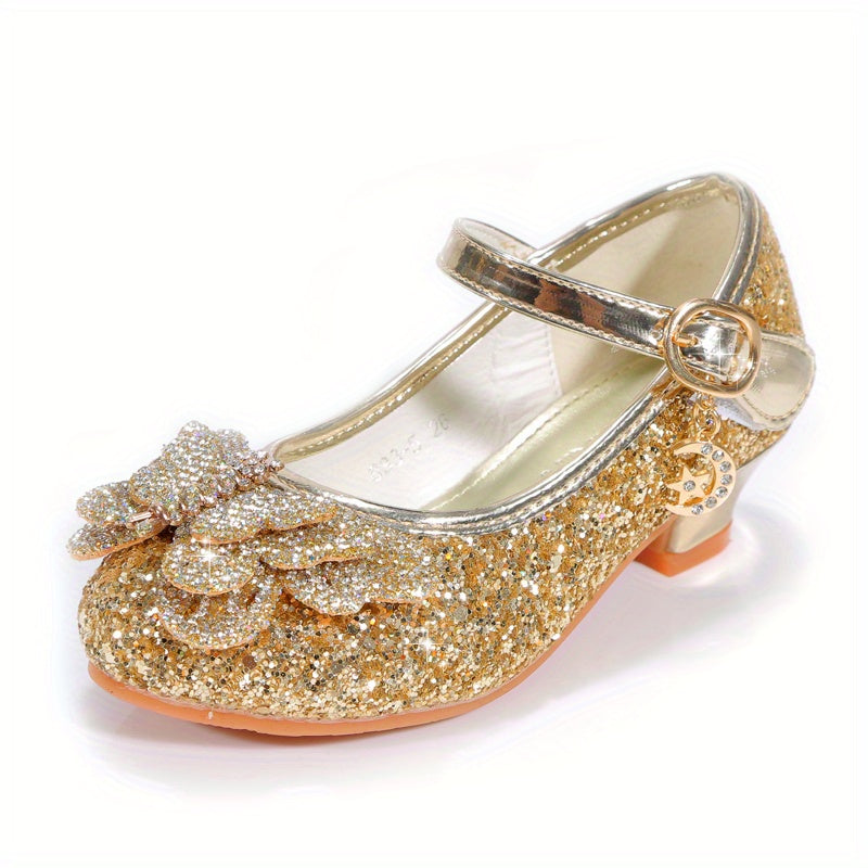 Girls High Heels Pink Rhinestone Bowknot Formal Shoes for Weddings and Events