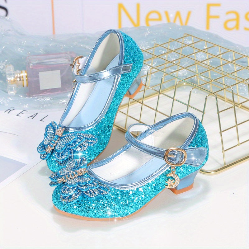 Girls High Heels Pink Rhinestone Bowknot Formal Shoes for Weddings and Events