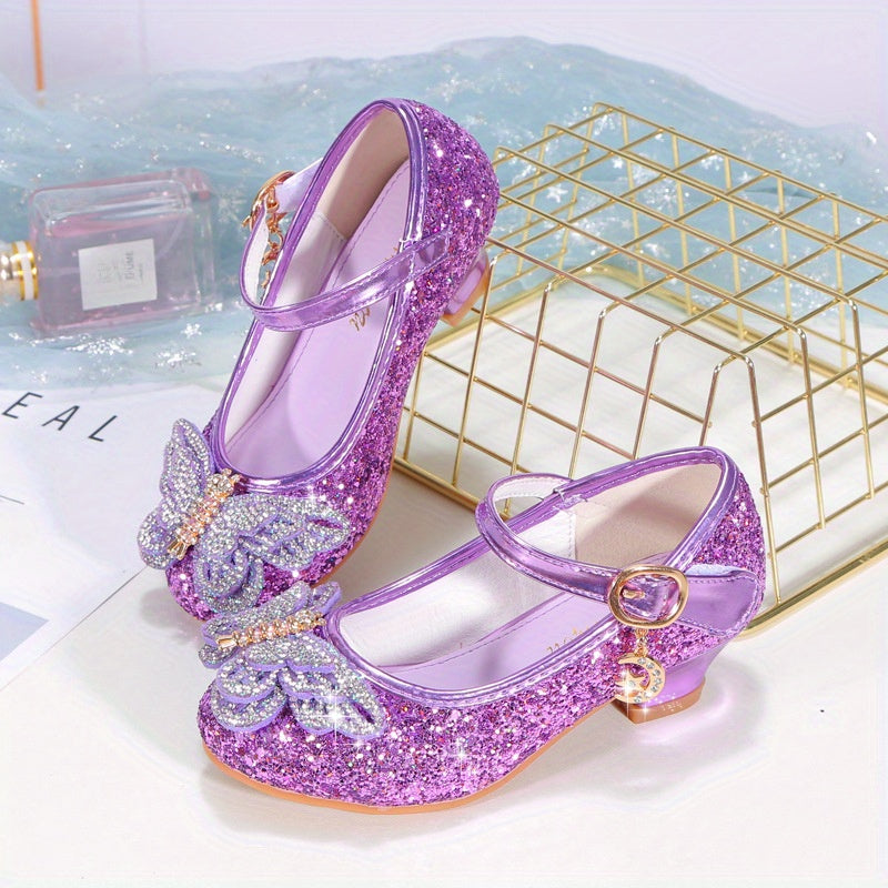 Girls High Heels Pink Rhinestone Bowknot Formal Shoes for Weddings and Events