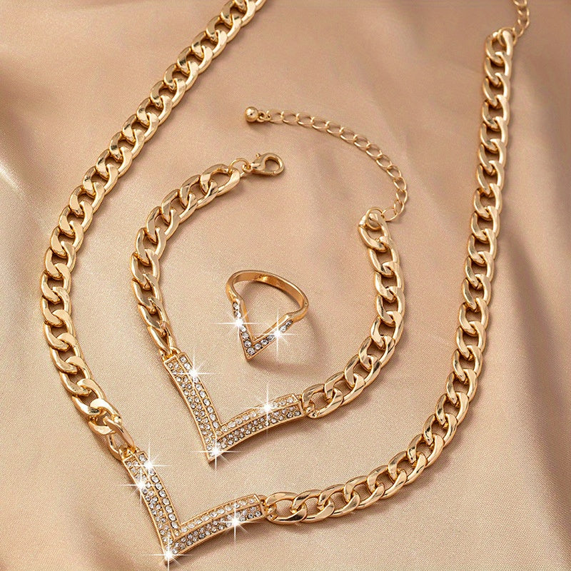 Ayollar uchun zamonaviy V-shaklidagi zanjir taqinchoq to'plami - porloq rhinestone marjon, bilaguzuk va uzuk to'plami - har kuni va maxsus tadbirlar uchun ideal