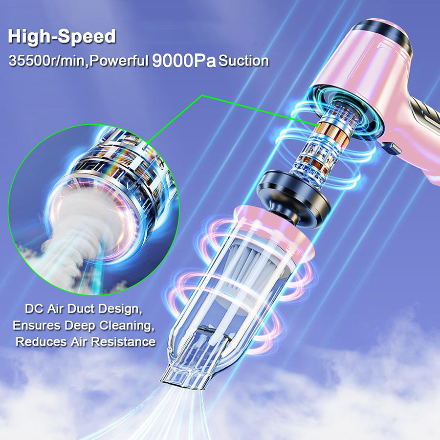 Pushti qo'l vakuum tozalagich, yuqori quvvatli 45W - simsiz va portativ, nam va quruq tozalash uchun kuchli so'rish. USB orqali zaryadlanadi, chang cho'tkasi bilan birga keladi.