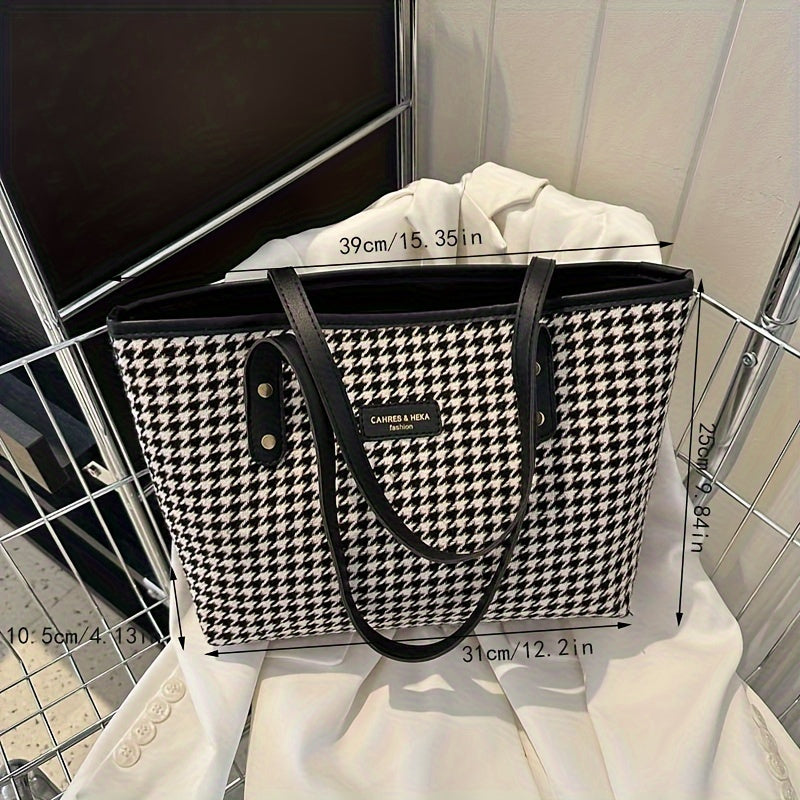 Retro Houndstooth Canvas Tote Bag Large Capacity for Work School Shopping