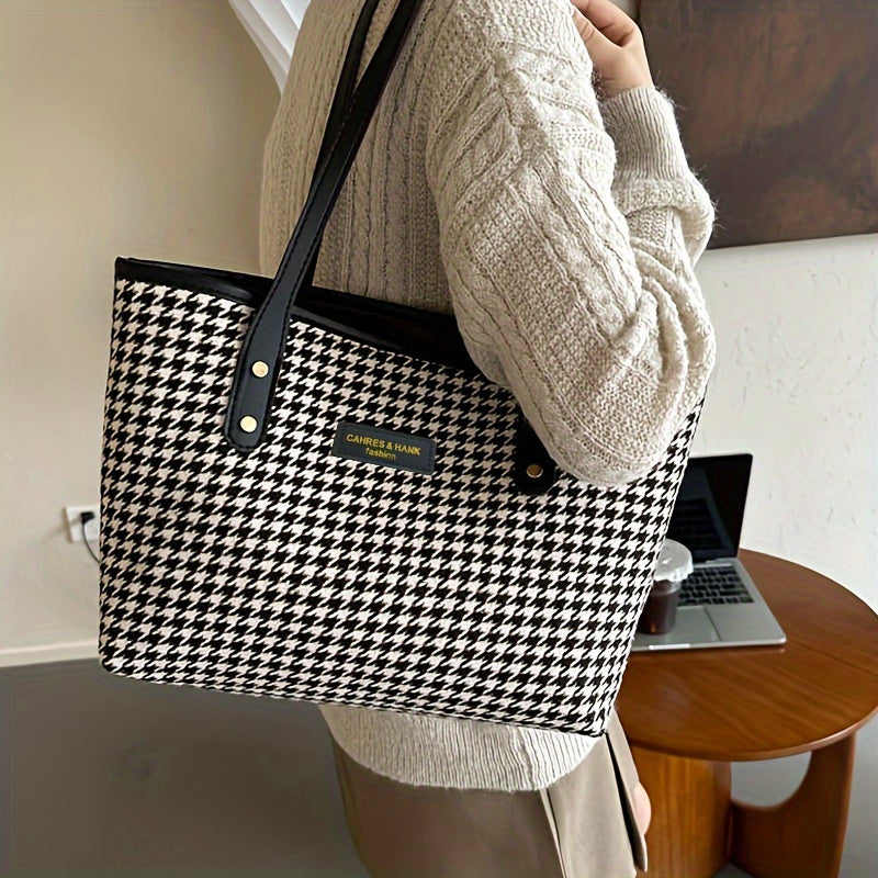 Retro Houndstooth Canvas Tote Bag Large Capacity for Work School Shopping