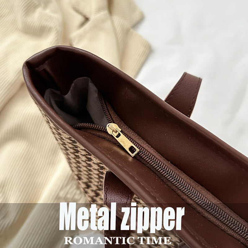 Retro Houndstooth Canvas Tote Bag Large Capacity for Work School Shopping