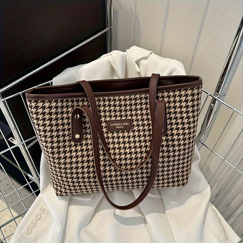 Retro Houndstooth Canvas Tote Bag Large Capacity for Work School Shopping