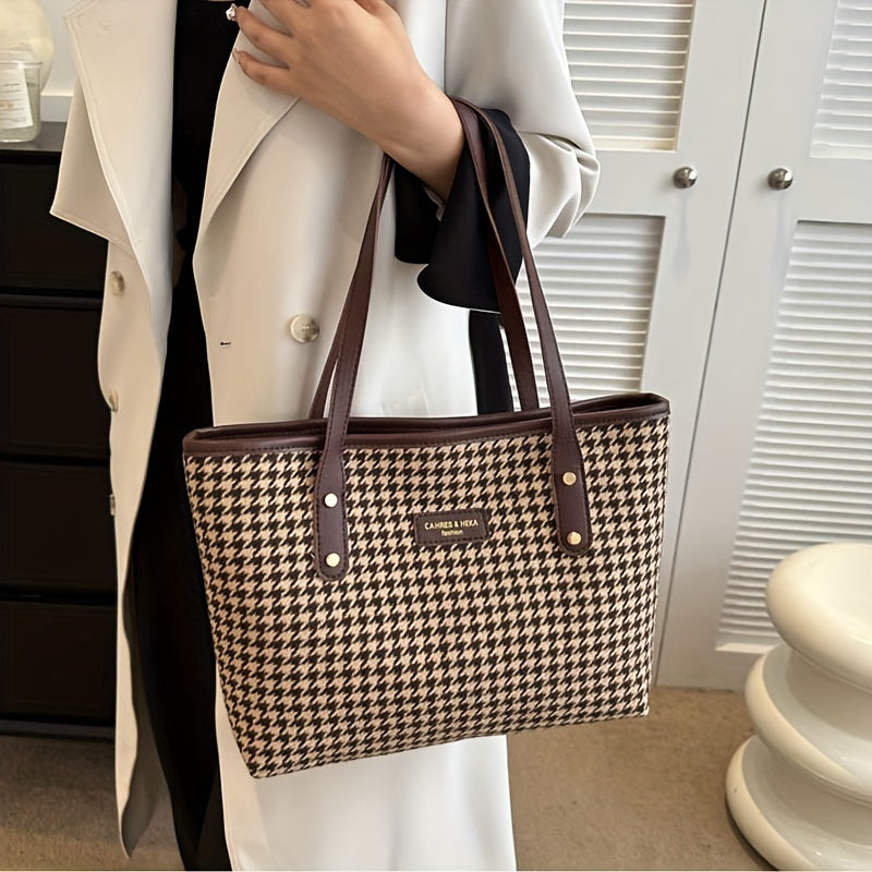 Retro Houndstooth Canvas Tote Bag Large Capacity for Work School Shopping