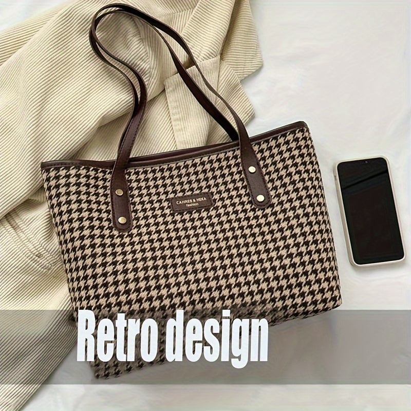 Retro Houndstooth Canvas Tote Bag Large Capacity for Work School Shopping