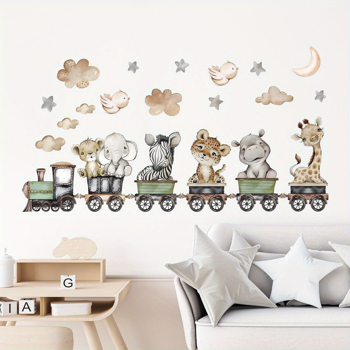 Animal Wall Decals Set with Elephant Giraffe Leopard Clouds Removable PVC Stickers for Bedroom Living Room Decor