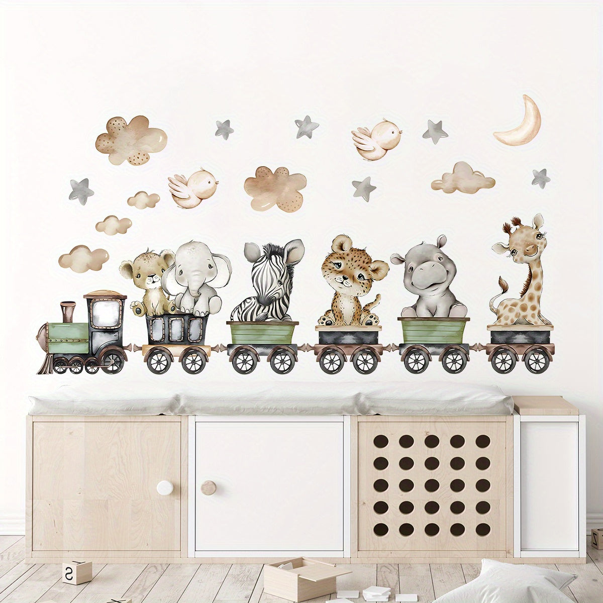 Animal Wall Decals Set with Elephant Giraffe Leopard Clouds Removable PVC Stickers for Bedroom Living Room Decor