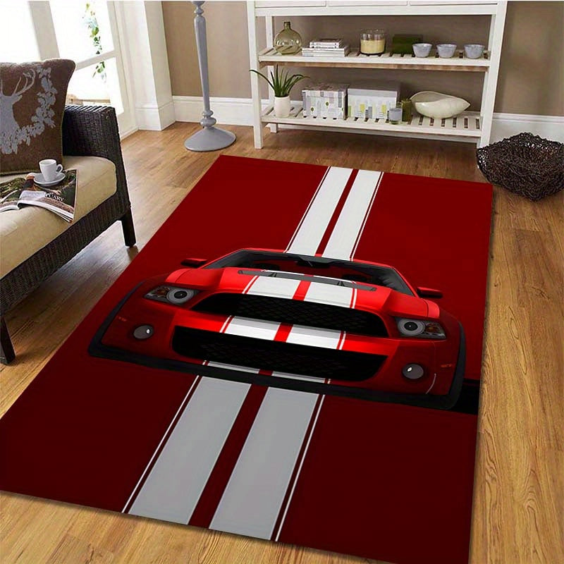 Velvet Doormat Red Racing Car Design Non-Slip Floor Rug for Living Room or Bedroom