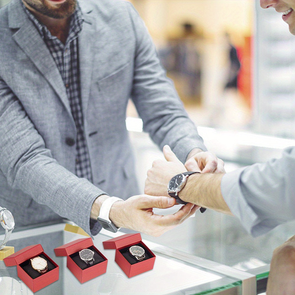 Red Square Paper Watch Boxes with Pillow Inserts for Jewelry Storage and Gift Packaging 8.6x8x5.2cm Pack of 10