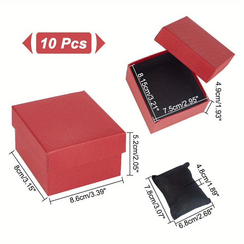 Red Square Paper Watch Boxes with Pillow Inserts for Jewelry Storage and Gift Packaging 8.6x8x5.2cm Pack of 10