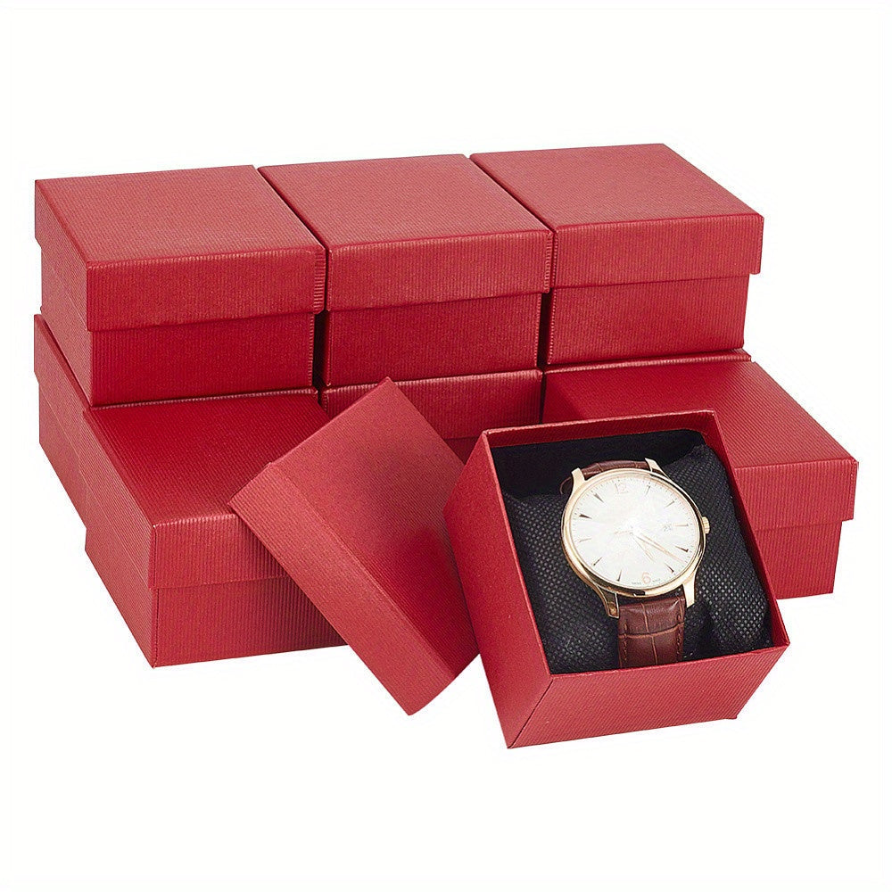 Red Square Paper Watch Boxes with Pillow Inserts for Jewelry Storage and Gift Packaging 8.6x8x5.2cm Pack of 10