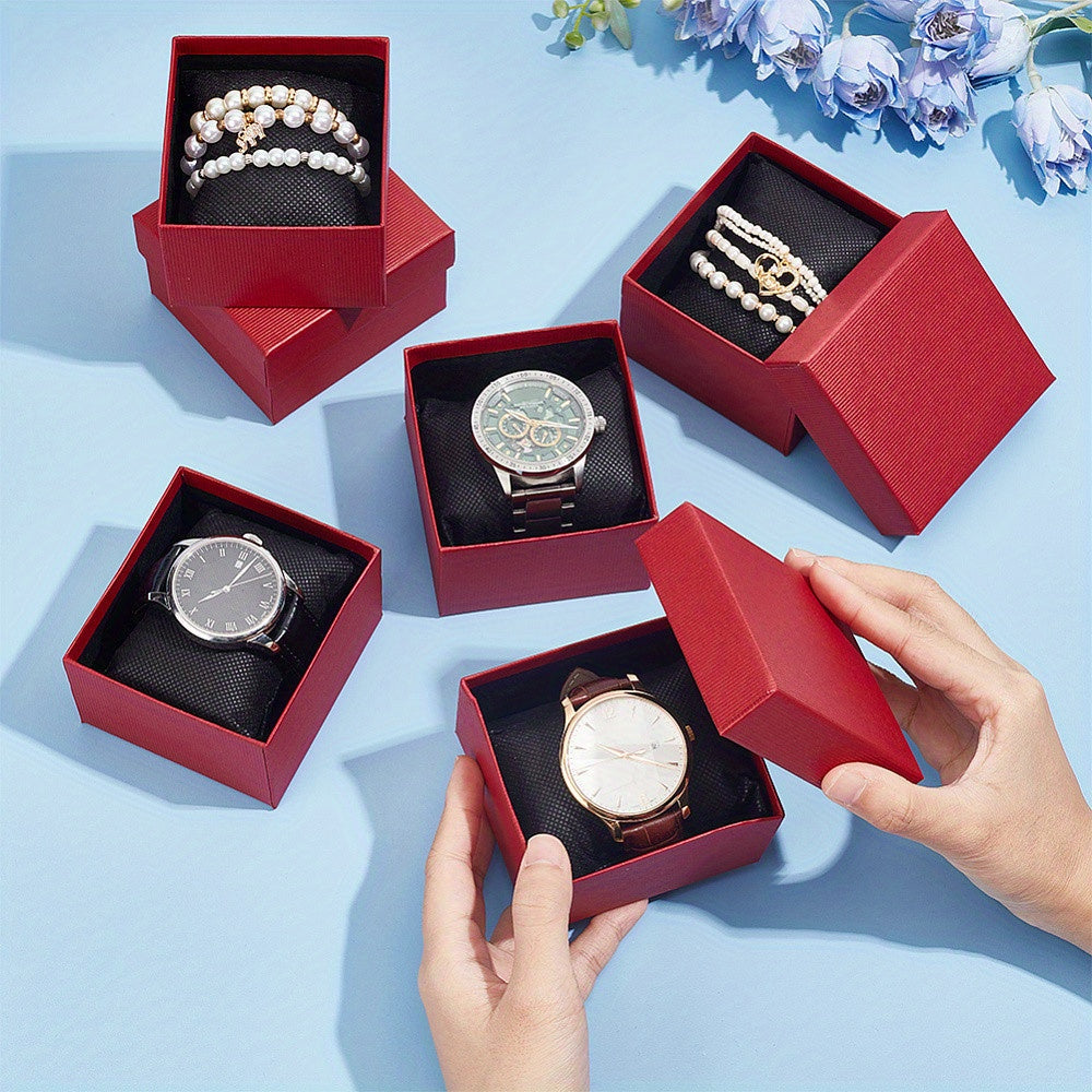 Red Square Paper Watch Boxes with Pillow Inserts for Jewelry Storage and Gift Packaging 8.6x8x5.2cm Pack of 10