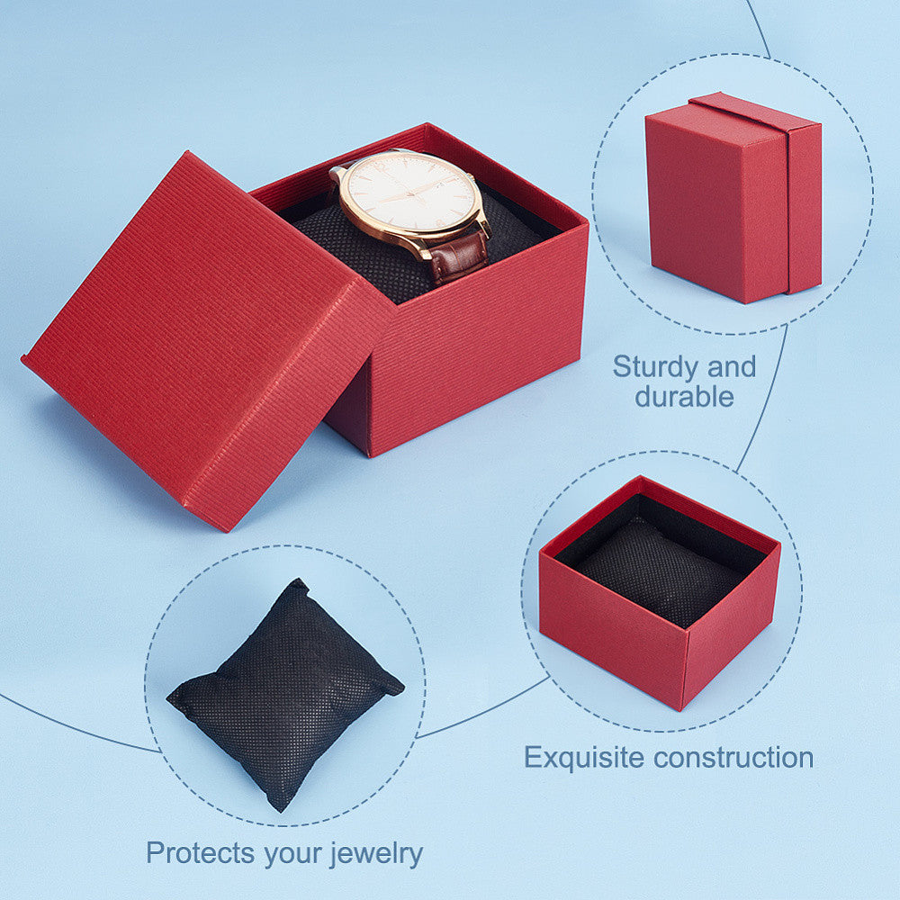 Red Square Paper Watch Boxes with Pillow Inserts for Jewelry Storage and Gift Packaging 8.6x8x5.2cm Pack of 10