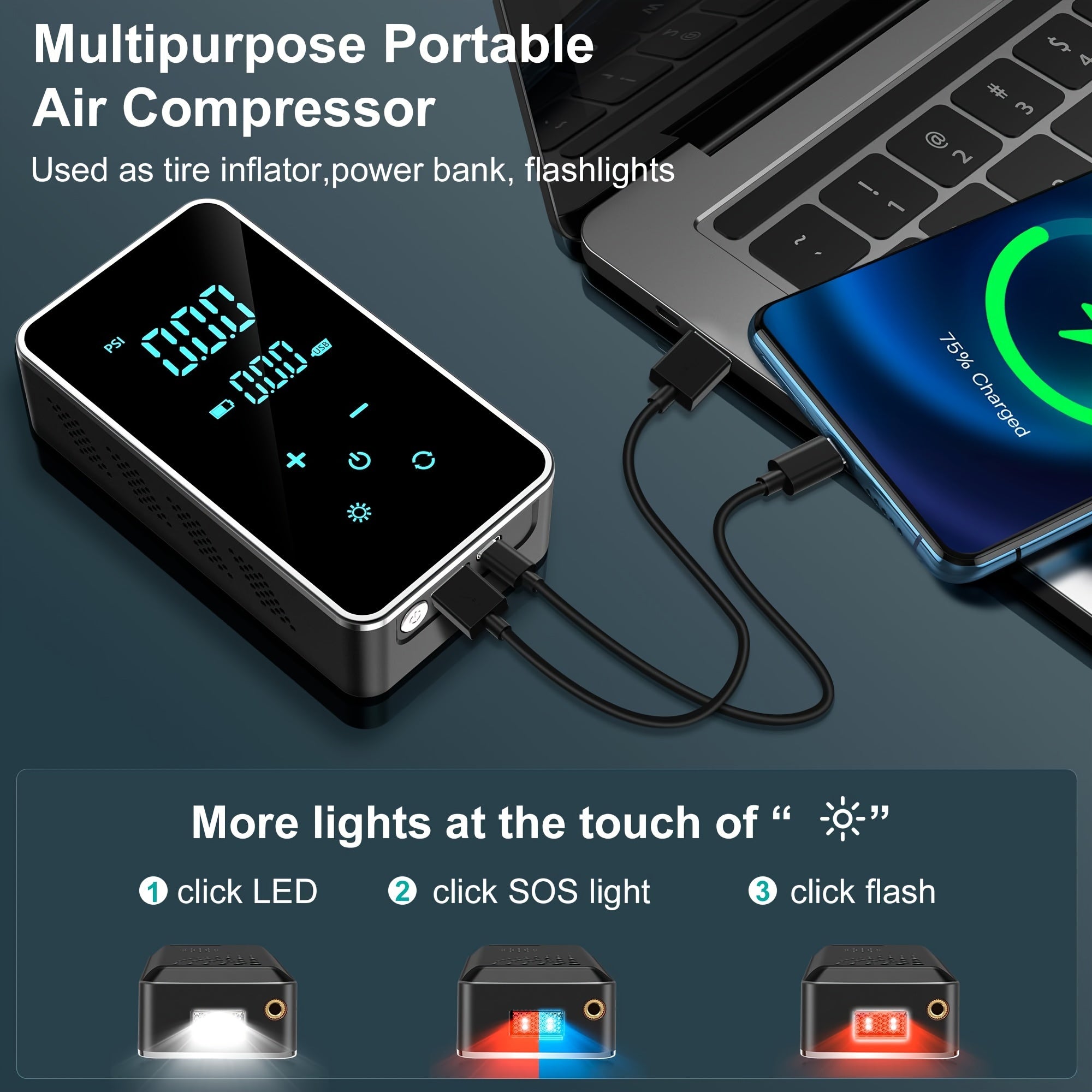 Portable 4-in-1 Wireless Tire Inflator Digital Display for Cars Bikes Baskets