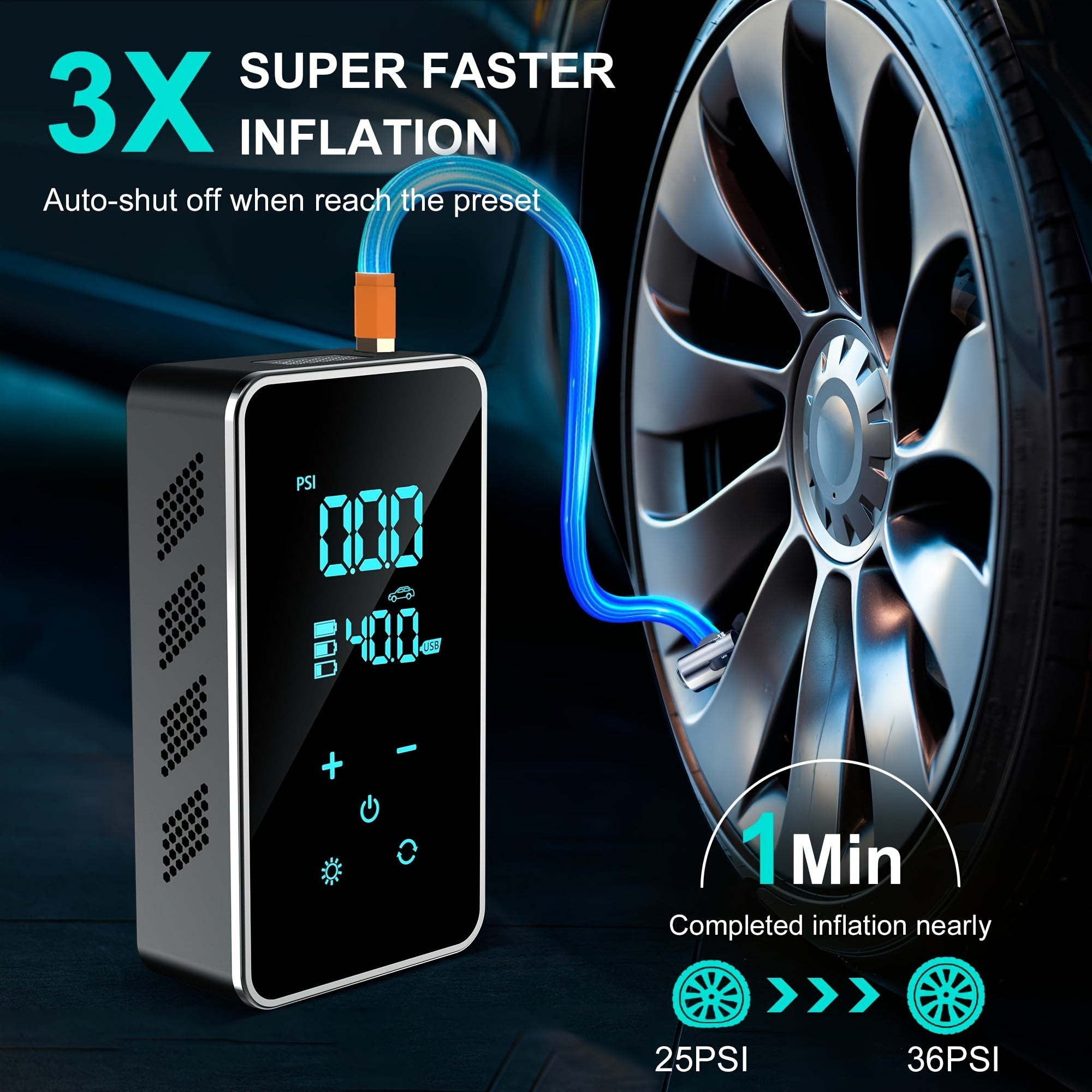 Portable 4-in-1 Wireless Tire Inflator Digital Display for Cars Bikes Baskets