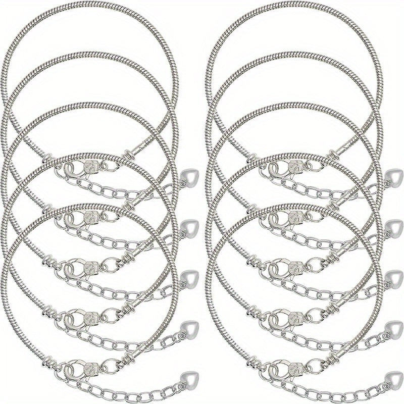 Set of 10 Gold or Silver Snake Bone Chain Bracelets with Heart Lobster Clasps