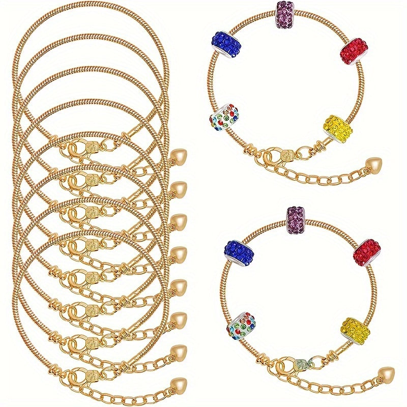 Set of 10 Gold or Silver Snake Bone Chain Bracelets with Heart Lobster Clasps