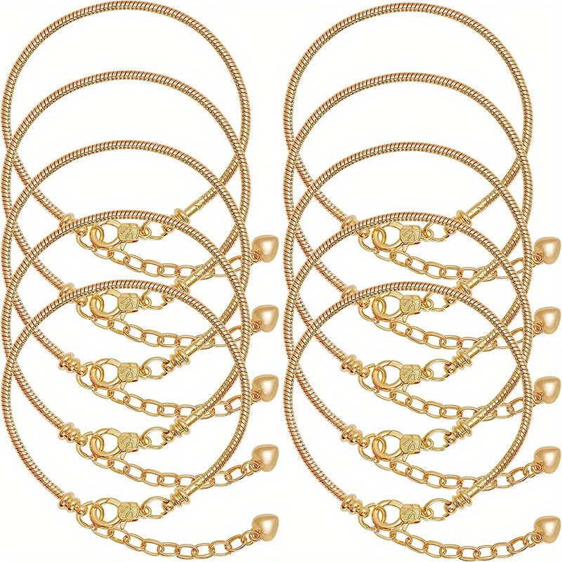 Set of 10 Gold or Silver Snake Bone Chain Bracelets with Heart Lobster Clasps