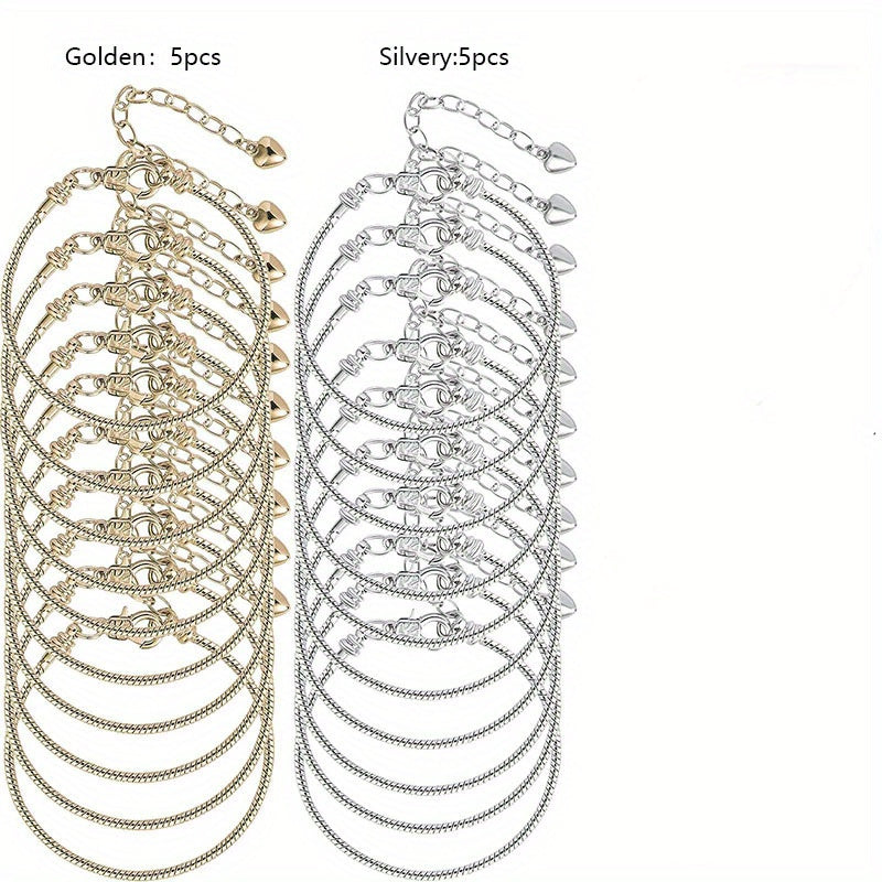 Set of 10 Gold or Silver Snake Bone Chain Bracelets with Heart Lobster Clasps