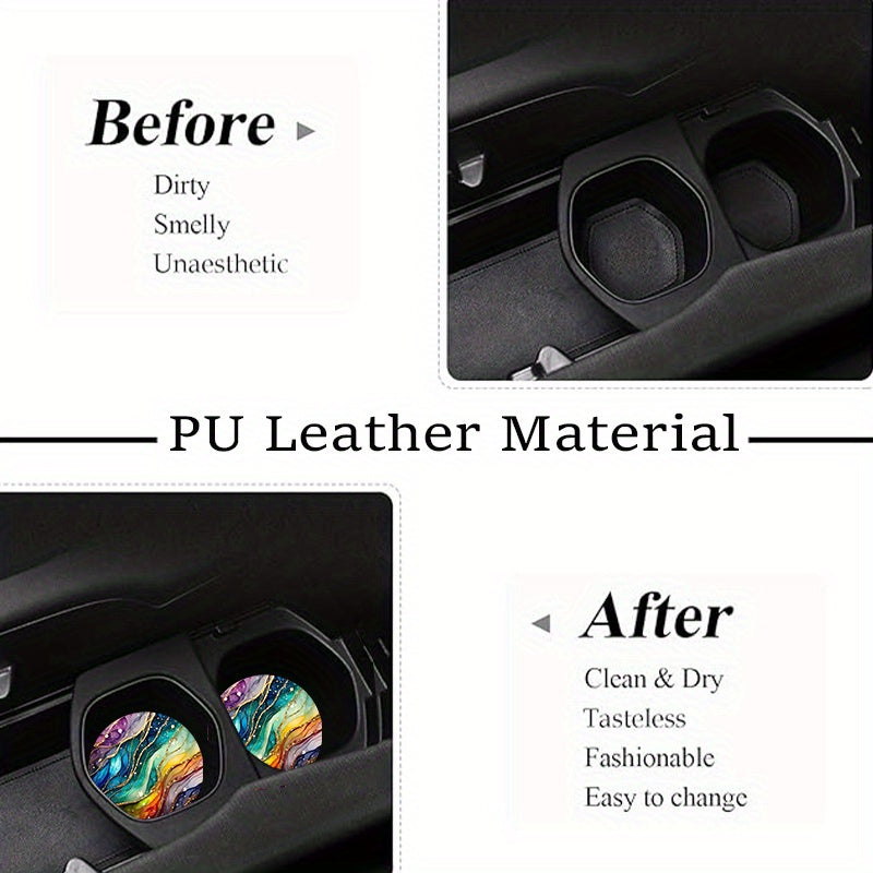 2pcs Car Coasters Faux Leather Shimmer Ripple Pattern Waterproof Non Slip
