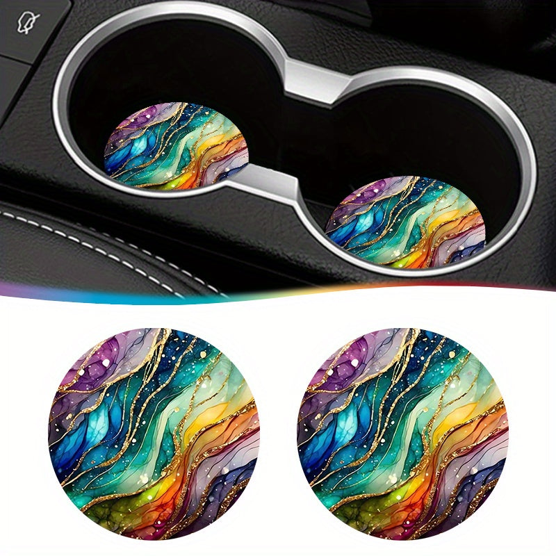 2pcs Car Coasters Faux Leather Shimmer Ripple Pattern Waterproof Non Slip