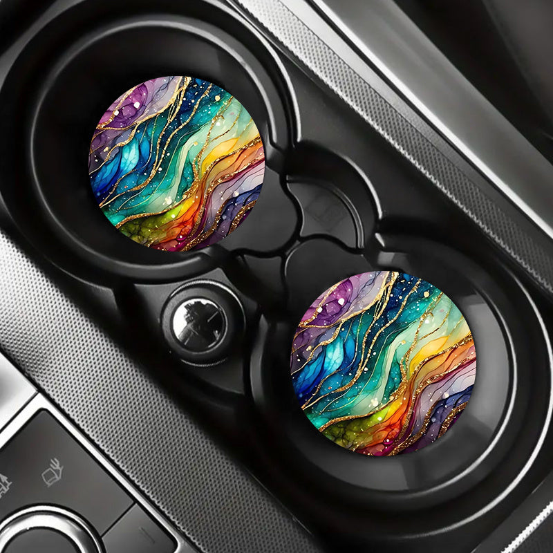 2pcs Car Coasters Faux Leather Shimmer Ripple Pattern Waterproof Non Slip