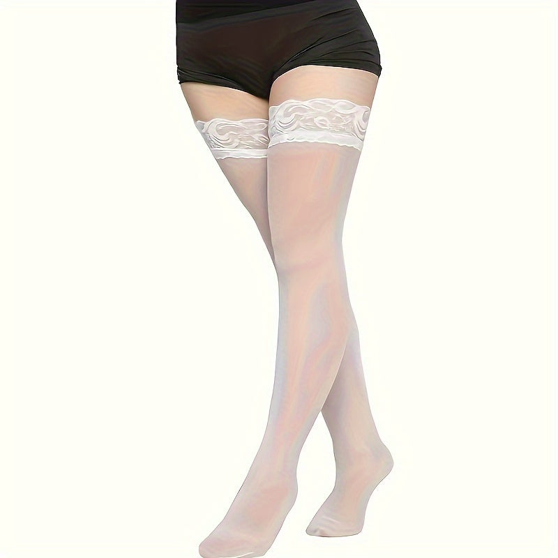 Women's Thigh High Stockings with Lace Trim and Mesh Knee Socks