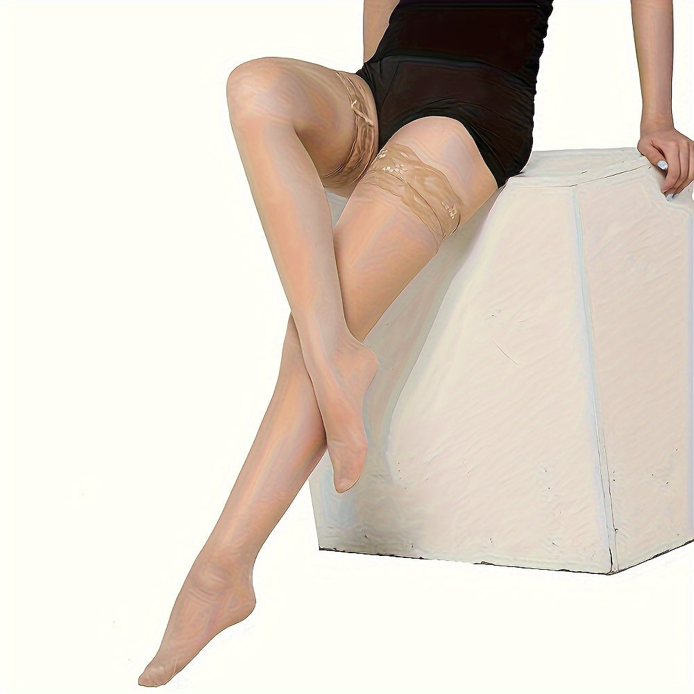 Women's Thigh High Stockings with Lace Trim and Mesh Knee Socks