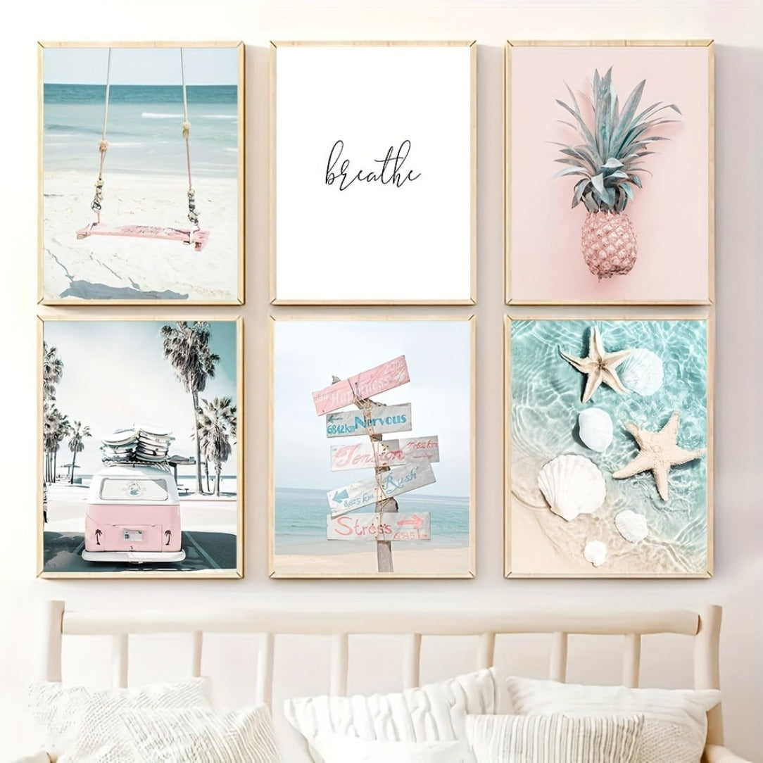 Set of Six Summer Beach Wall Art Prints Pink Car Pineapple Sea Star Nordic Posters for Living Room Decor
