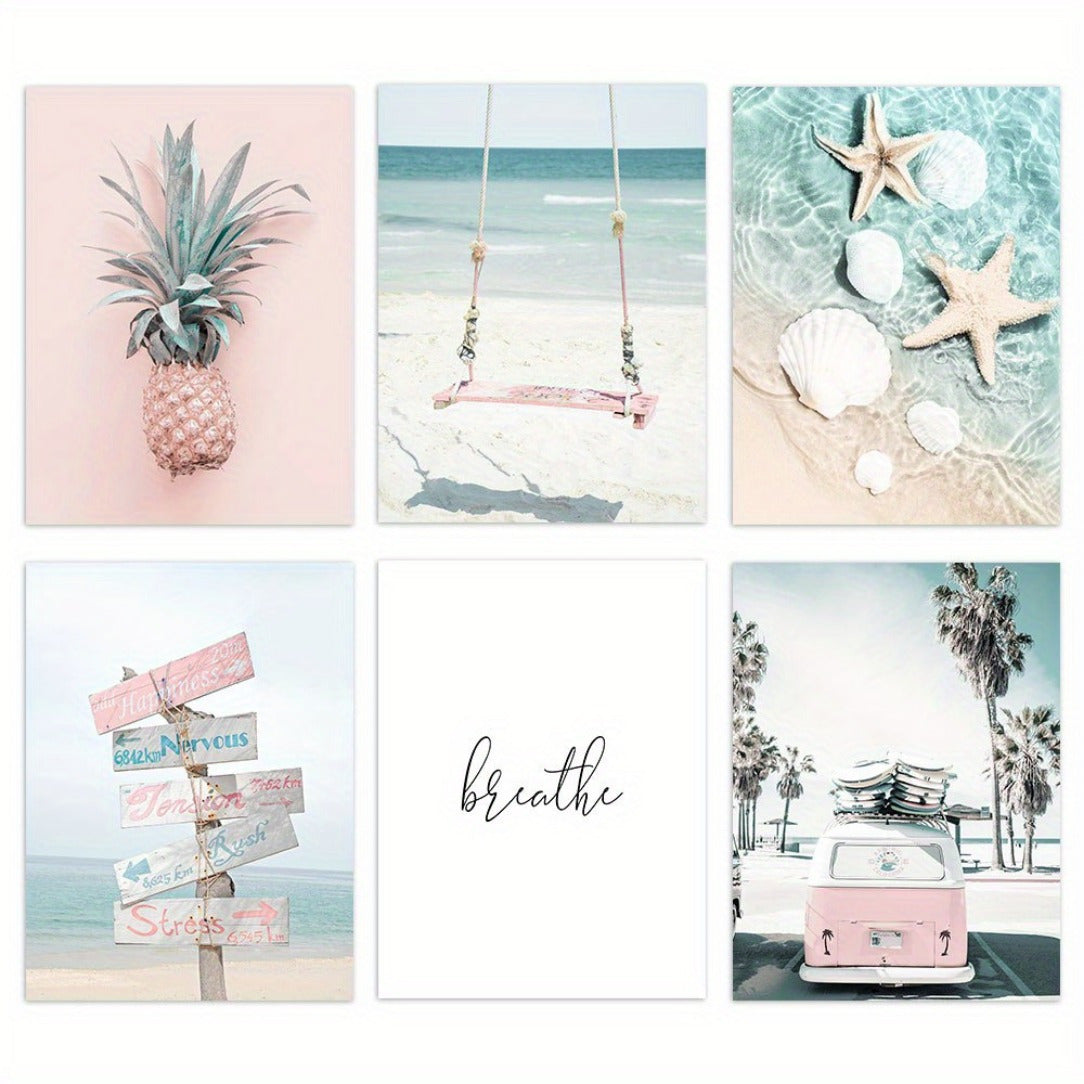 Set of Six Summer Beach Wall Art Prints Pink Car Pineapple Sea Star Nordic Posters for Living Room Decor