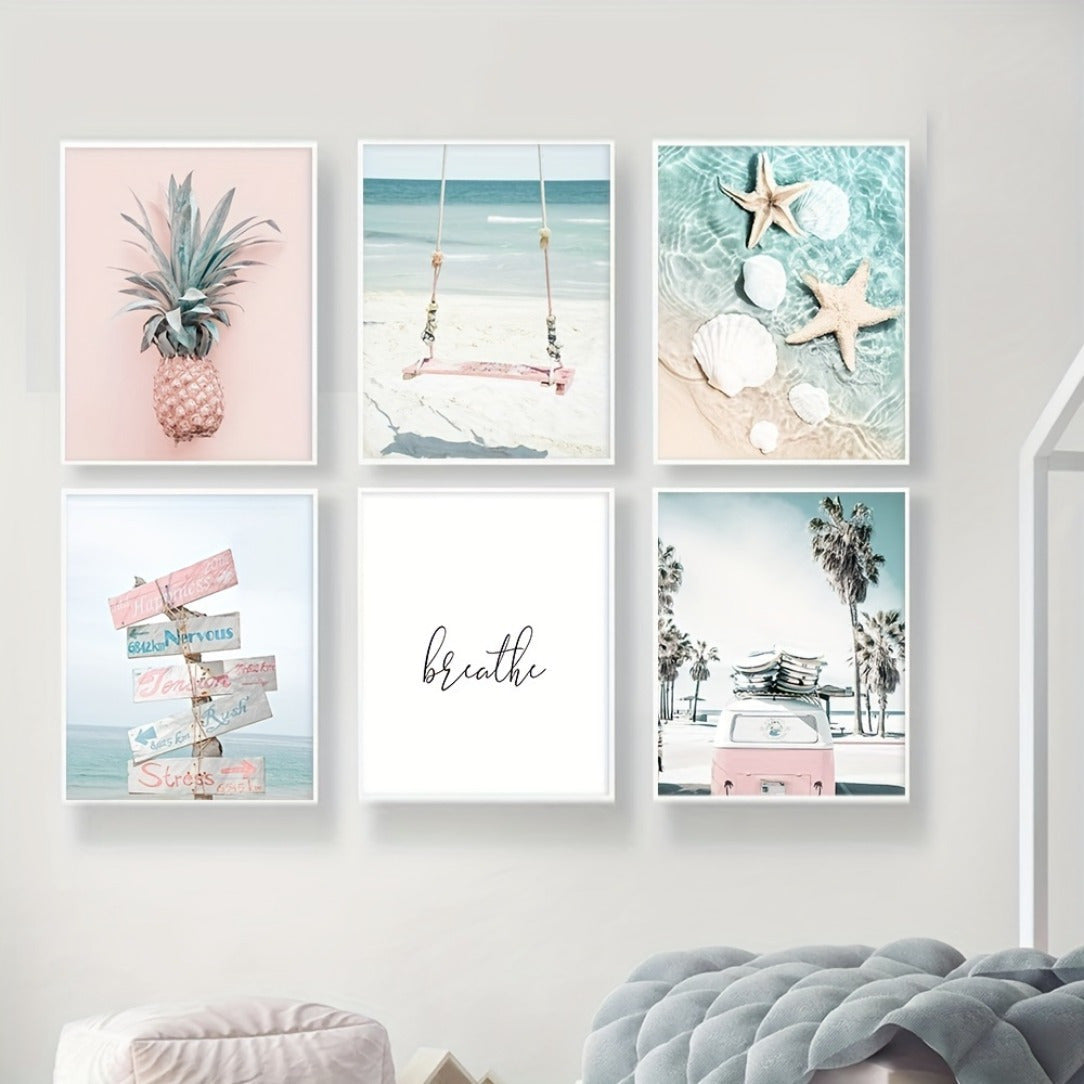 Conjunto de seis impresiones de arte de pared de verano para la playa, coche rosa, piña, estrella de mar, pósters nórdicos para decoración de sala de estar