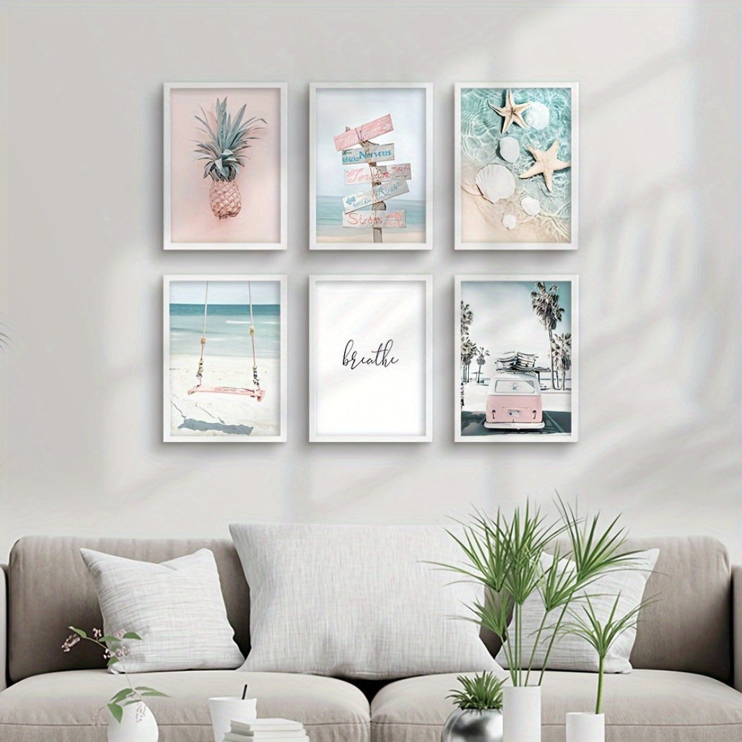Conjunto de seis impresiones de arte de pared de verano para la playa, coche rosa, piña, estrella de mar, pósters nórdicos para decoración de sala de estar