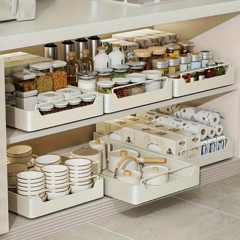 Pull-Out Kitchen Organizer White Carbon Steel Under Sink Storage Drawer for Spices and Utensils