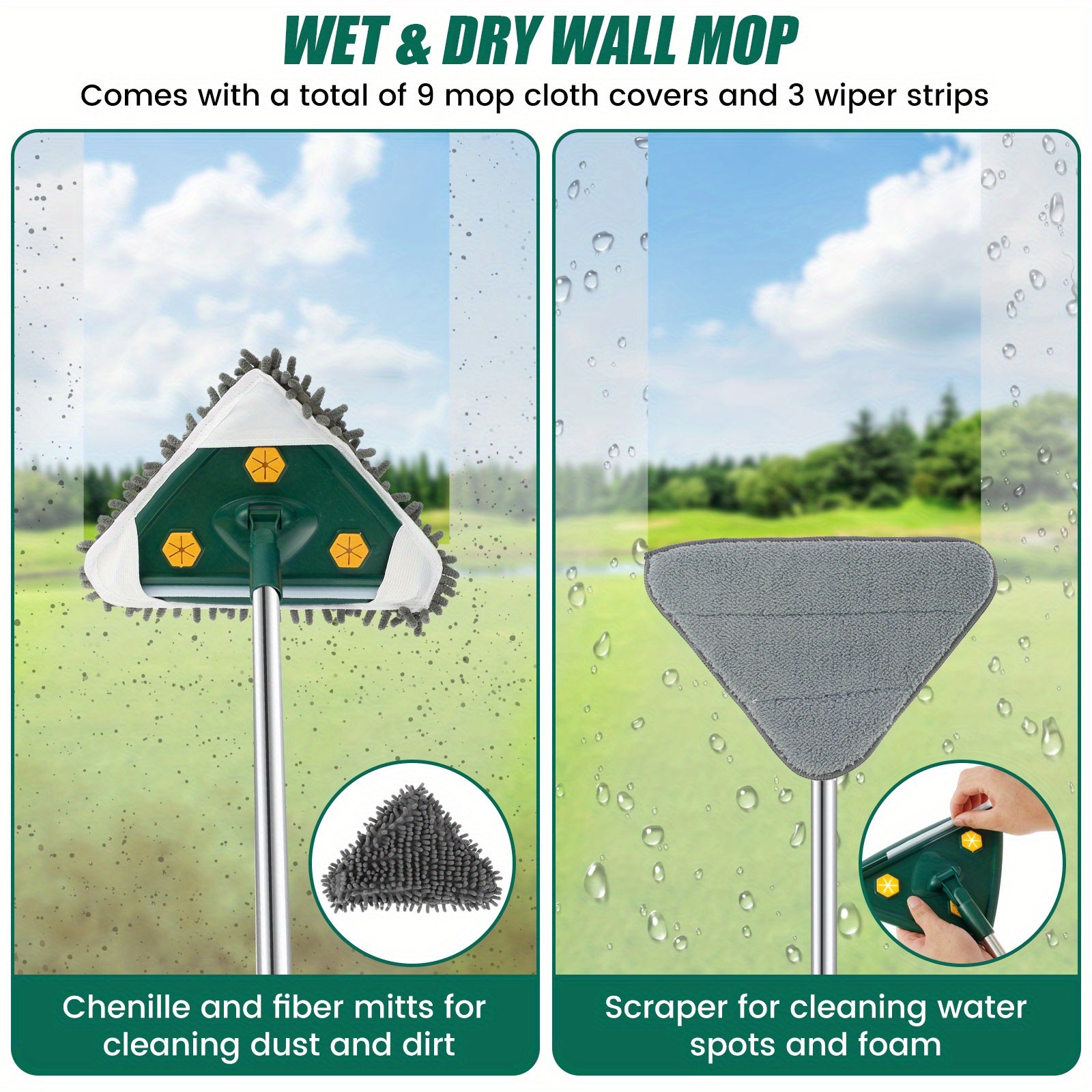 Швабра для стен с длинной ручкой и поворотной головкой. Включает 9 сменных мопов и съемный скребок. Может использоваться влажной или сухой и портативна для мытья окон и стен. Обязательный инструмент для уборки в вашем доме.