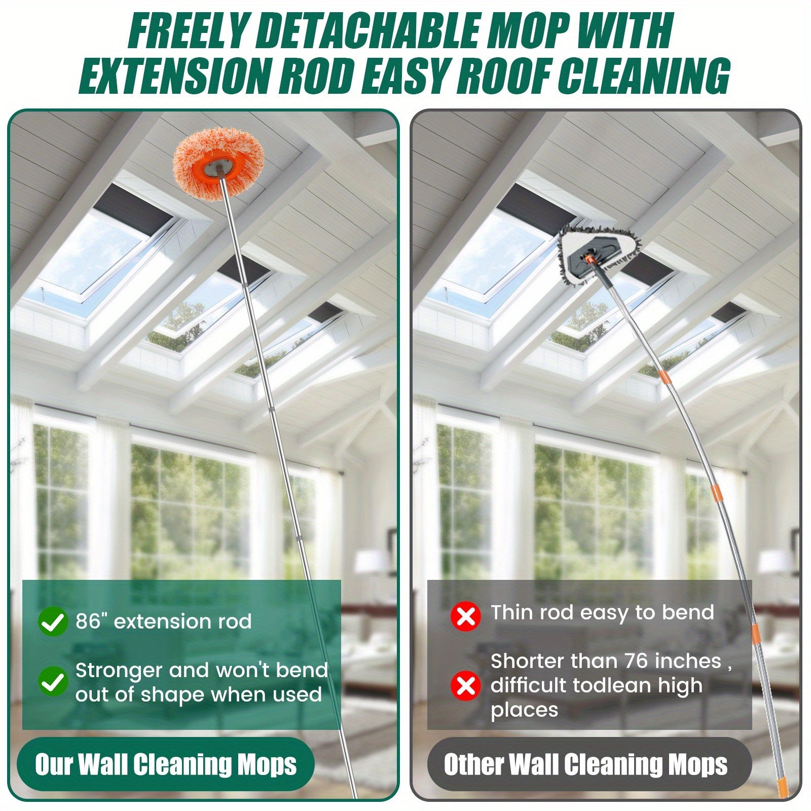Швабра для стен с длинной ручкой и поворотной головкой. Включает 9 сменных мопов и съемный скребок. Может использоваться влажной или сухой и портативна для мытья окон и стен. Обязательный инструмент для уборки в вашем доме.