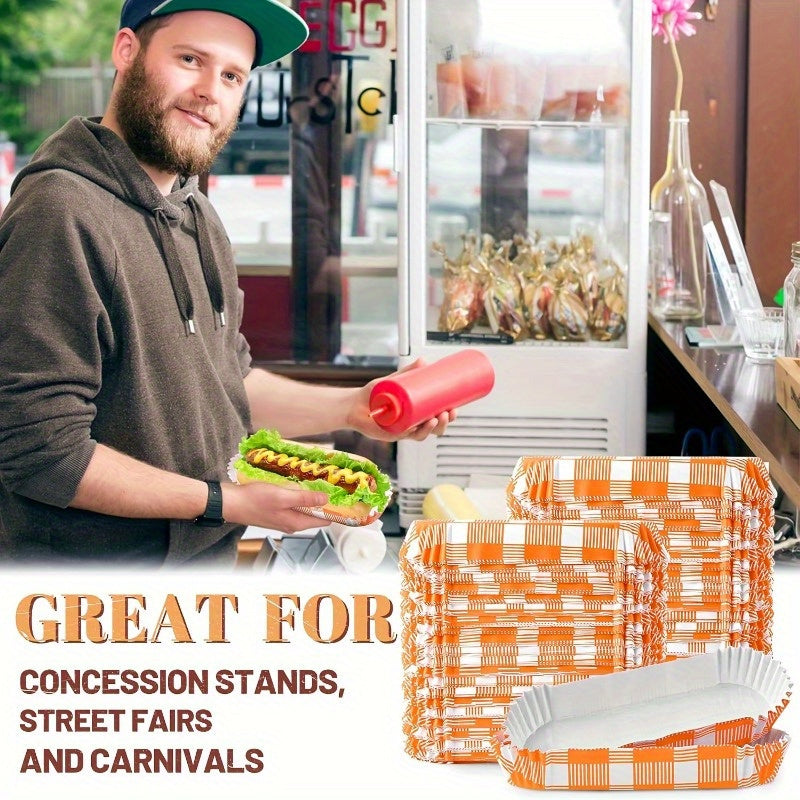 Paquete de 100 bandejas de papel para hot dogs de 15.24 cm, soportes desechables para hot dogs, revestimientos rectangulares acanalados