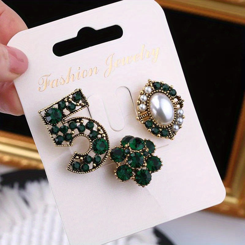 Vintage-Inspired 3-Piece Brooch Set Faux Pearls Rhinestones for Suits Coats Shirts