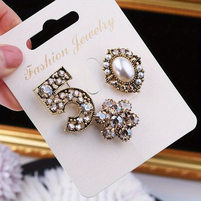Vintage-Inspired 3-Piece Brooch Set Faux Pearls Rhinestones for Suits Coats Shirts