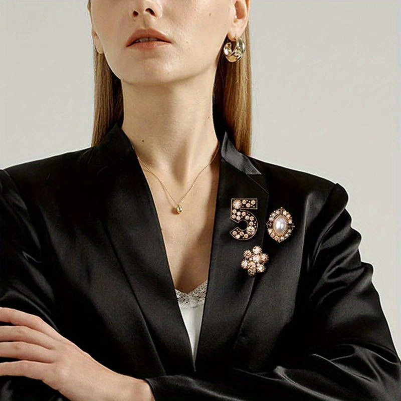 Vintage-Inspired 3-Piece Brooch Set Faux Pearls Rhinestones for Suits Coats Shirts