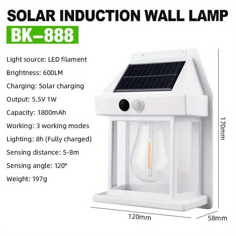 Solar Wall Lamp with Motion Sensor Tungsten Filament 6-12H Battery Yard Garden Patio Black or White