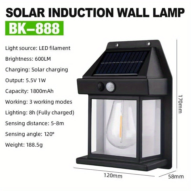 Solar Wall Lamp with Motion Sensor Tungsten Filament 6-12H Battery Yard Garden Patio Black or White